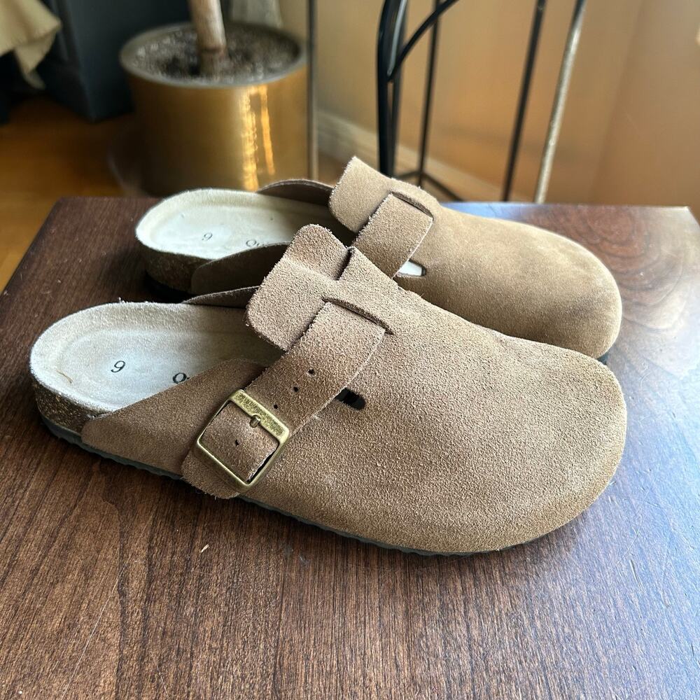 Quince Suede Buckle Clog Flats in Tan/brown
